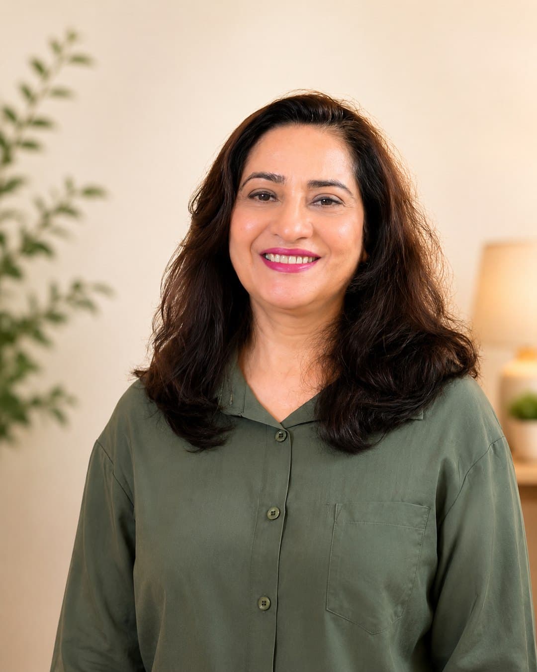 Dr. Misbah Mannan, NLP Master Practitioner and Coach, smiling warmly in a calm, plant-filled room